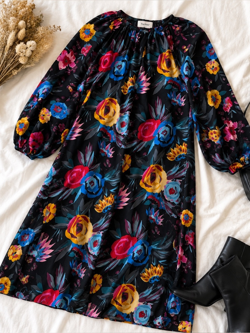 Tucker 100% Silk Made USA Floral Balloon Sleeve Midi Dress M